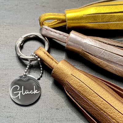 LUCK, mantra charm with leather tassel and carabiner