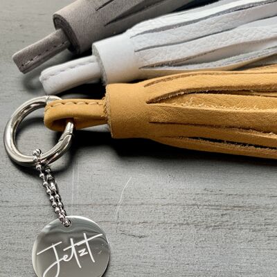 NOW, mantra charm with leather tassel and carabiner ring