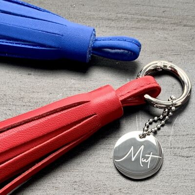 Courage, mantra charm with leather tassel and carabiner ring
