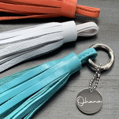 Ohana, mantra charm with leather tassel and carabiner ring