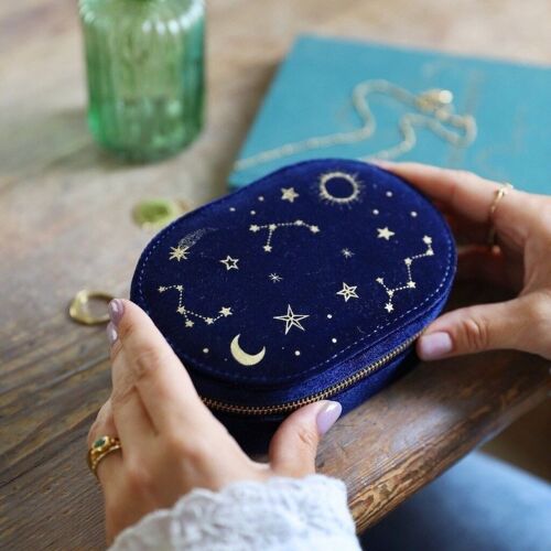 Starry Night Velvet Oval Jewellery Case in Navy