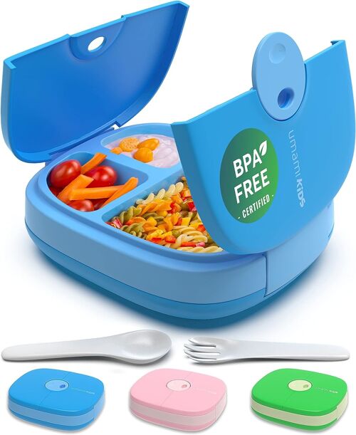 Umami Boîte à lunch pour enfants avec couverts,étanche,durable,style Bento,3 grands compartiments,portions idéales pour les enfants de 3 à 9 ans,sans BPA,va au micro-ondes et au lave-vaisselle (bleu)