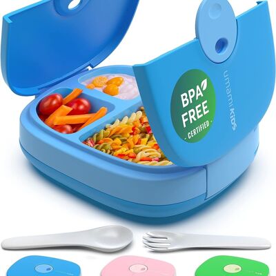 Umami Kids Lunch Box with Cutlery, Leakproof, Durable, Bento Style, 3 Large Compartments, Ideal Portions for Ages 3-9, BPA Free, Microwave and Dishwasher Safe (Blue)