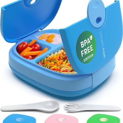 Umami Portapranzo per Bambini con Posate, A Tenuta Stagna, Resistente, Stile Bento, 3 Grandi Scomparti, Porzioni Ideali per Bambini dai 3 ai 9 Anni, Senza BPA, Adatto al Microonde e alla Lavastoviglie (Blu)