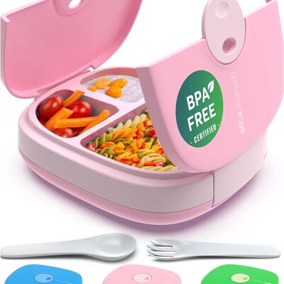 Umami Fiambrera para niños con cubiertos, a prueba de fugas, duradera, estilo bento, 3 compartimentos grandes, porciones ideales para edades de 3 a 9 años, sin BPA, apta para microondas y lavavajillas (rosa)