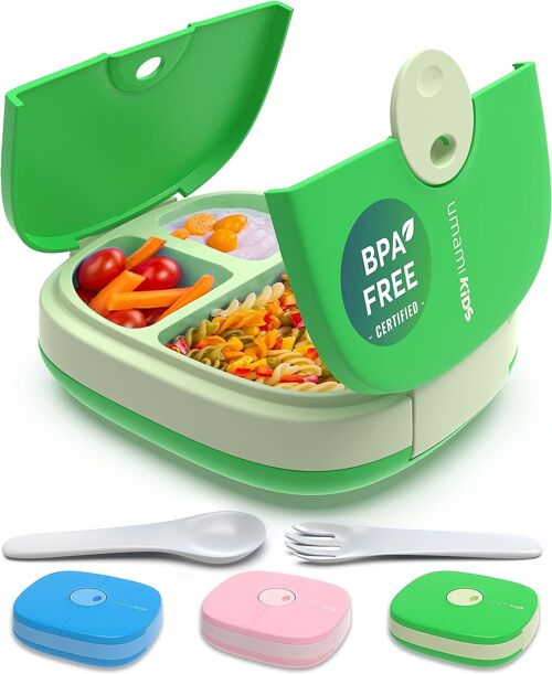 Umami Lunch Box Enfant avec 3 Compartiments et 2 Couverts - Étanche, Durable - Boite Repas Compartiment- Bento Box sans BPA - Idéal pour Enfants de 3-9 ans Lunch Box Micro-ondable (vert)