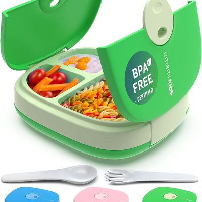 Umami Fiambrera infantil con 3 compartimentos y 2 cubiertos - A prueba de fugas, duradera - Fiambrera con compartimentos - Bento Box sin BPA - Ideal para niños de 3 a 9 años Fiambrera para microondas (verde)