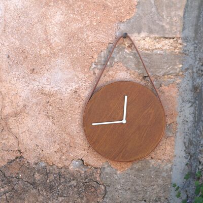 Wood and leather wall clock