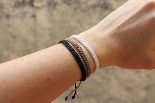 Black gray and white bracelet set - set of 3 handmade unisex macrame bracelets