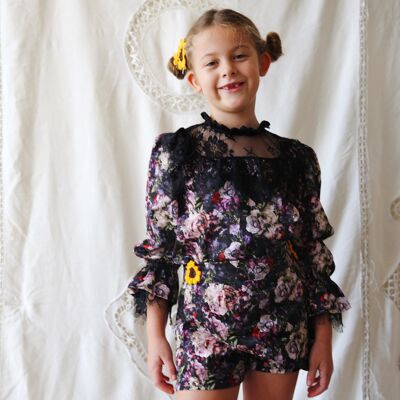 Umbria skort in Midnight floral with sunflower hand-crochet - 5-6 years -