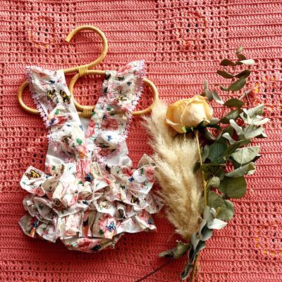 Cannes Romper in Butterfly Floral Fabric with star lace details - 6-12 months -