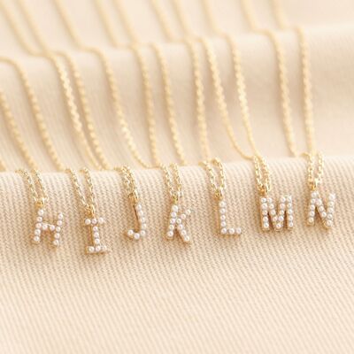 Tiny Pearl Initial Charm Necklace in Gold - H