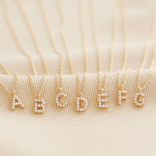 Tiny Pearl Initial Charm Necklace in Gold - D