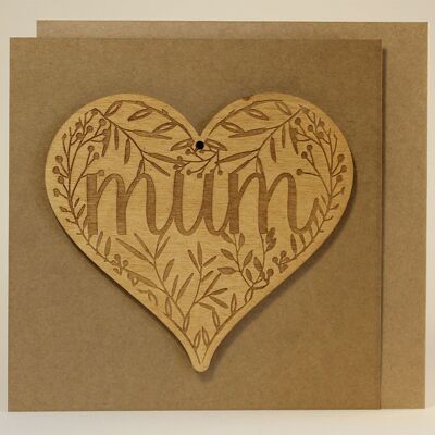 Tarjeta del día de la madre con corona floral de madera con recuerdo de madera (sólido)