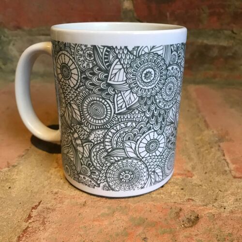 Grey Hand Drawn Floral Mendi Pattern Mug