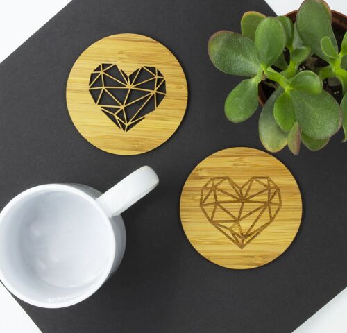 Engraved and Cut out Geometric Heart Coasters - Pack of 2