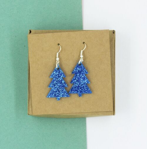 Simple Christmas Tree Earrings - Blue Glitter