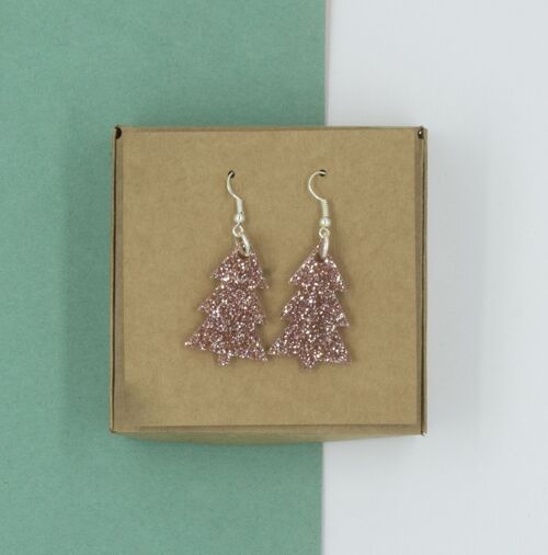 Simple Christmas Tree Earrings - Pink Glitter