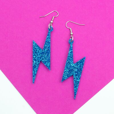 Lightning Bolt Earrings - Blue Glitter