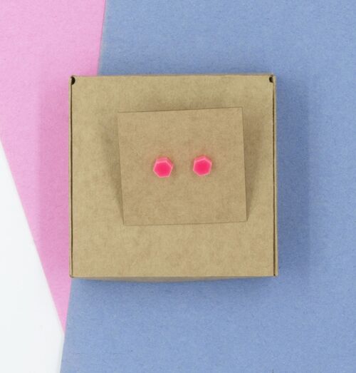 Hexagon Stud Earrings - Neon Pink