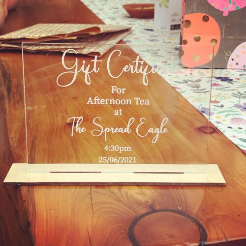 Custom gift certificate acrylic sign and stand