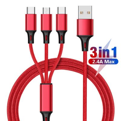 3 in 1 Multi USB Phone Charger Cable For iPhone-Android & Type C - Red