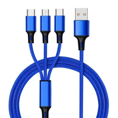 3 in 1 Multi USB Phone Charger Cable For iPhone-Android & Type C - Blue