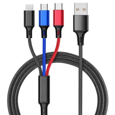 3 in 1 Multi USB Phone Charger Cable For iPhone-Android & Type C - Black