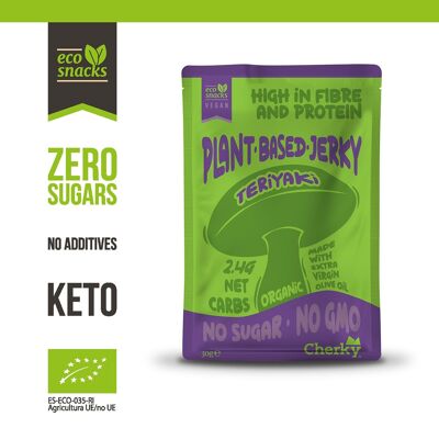 Jerky Teriyaky auf ökologischer Pflanzenbasis. Veganer Bio-Snack auf Pilzbasis mit hohem Eiweiß- und Ballaststoffgehalt; mit EVOO, zuckerfrei, konservierungsmittelfrei, glutenfrei, Low Carb