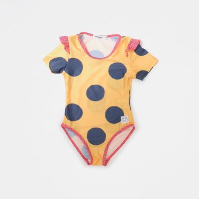 Spot print swim suit with short sleeve and zip back