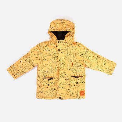 Padded banana print jacket with hood and fleece lining.