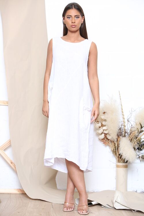 White linen midi dress with pockets