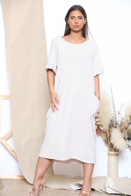 Beige striped summer midi dress