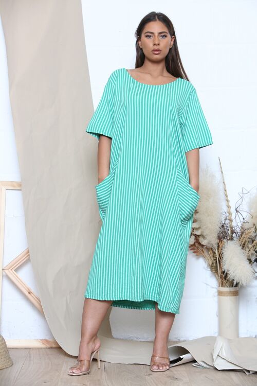 Green striped summer midi dress