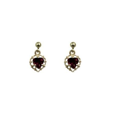 9ct 11x7mm filagree heart dropper earrings set with Garnet