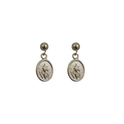 Silver 8x6mm oval St Christopher dropper Earrings