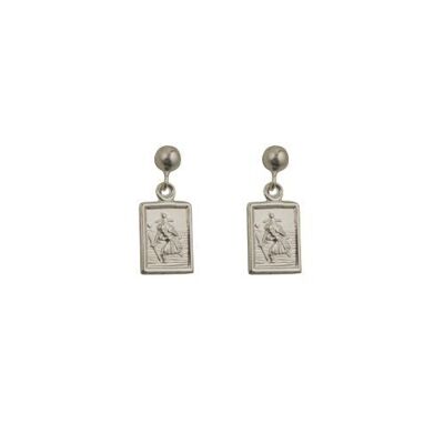 Silver 8x6mm rectangular St Christopher dropper Earrings