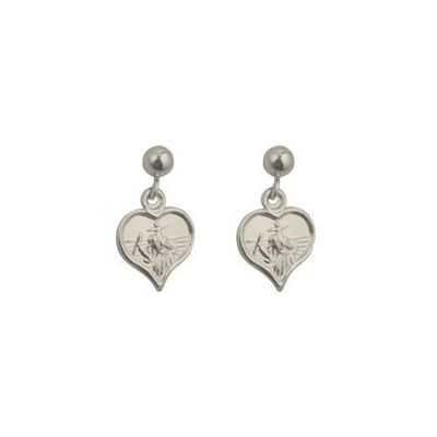 Silver 8x6mm heart St Christopher dropper Earrings