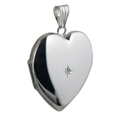 Silver 30x28mm plain diamond star set heart Locket