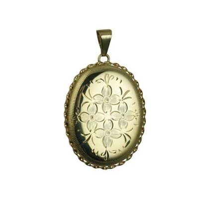 9ct 37x28mm oval hand engraved flowers twisted wire edge Locket