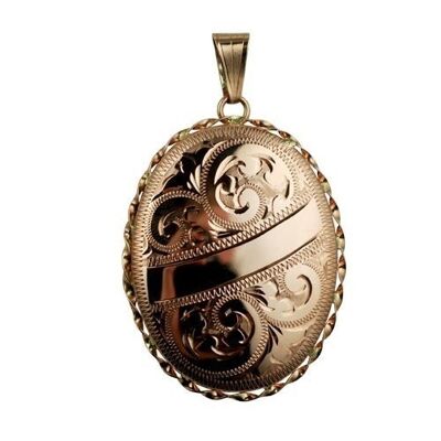 9ct rose 37x28mm hand engraved oval twisted wire edge Locket