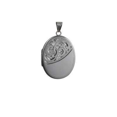 Silver 35x26mm half hand engraved flat oval Locket