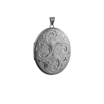 Silver 45x36mm hand engraved flat oval Locket