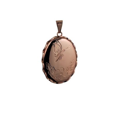 9ct rose 37x28mm hand engraved butterfly oval fancy wire edge Locket