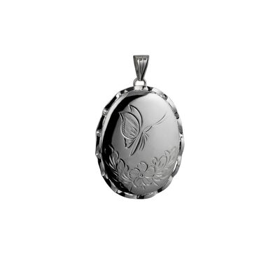 Silver 37x28mm hand engraved butterfly oval fancy wire edge Locket