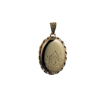 9ct 29x22mm half hand engraved flowers oval twisted wire edge Locket