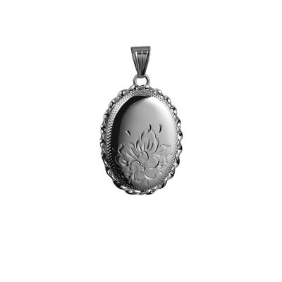 Silver 29x22mm oval half hand engraved flowers twisted wire edge Locket