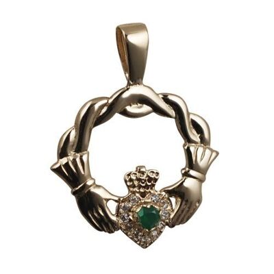 9ct 27x30mm Claddagh Pendant set with Green Agate and CZ's