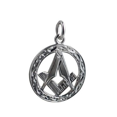Silver 21mm hand engraved Masonic emblem in circle Pendant