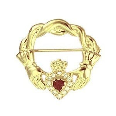 9ct 28x30mm twisted cord top Claddagh Brooch set with Garnet and CZ's